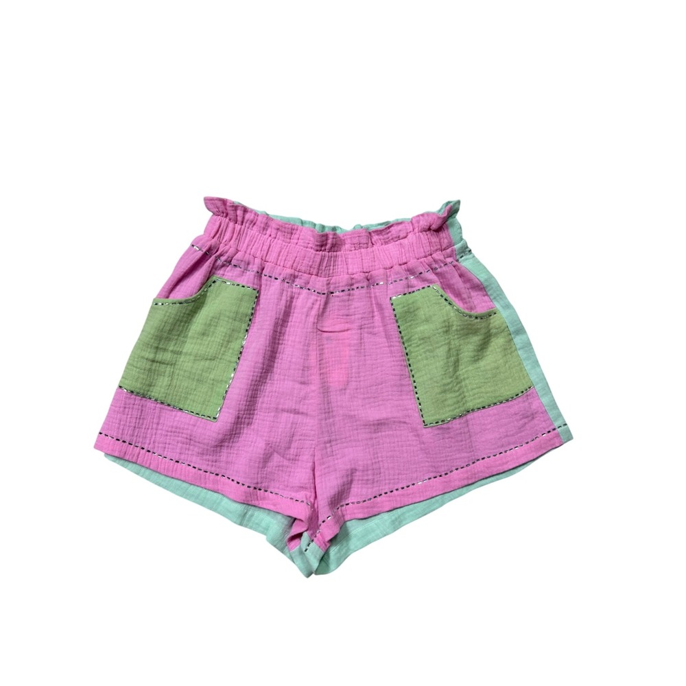 Queen of Sparkles Pink & Mint Linen Blend Shorts NWT Colorblock Paperbag Waist
